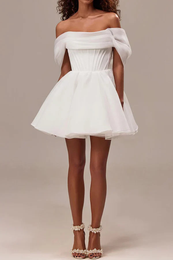 Luolandi Unique sheer A-shaped off shoulder strap short wedding dress Sexy